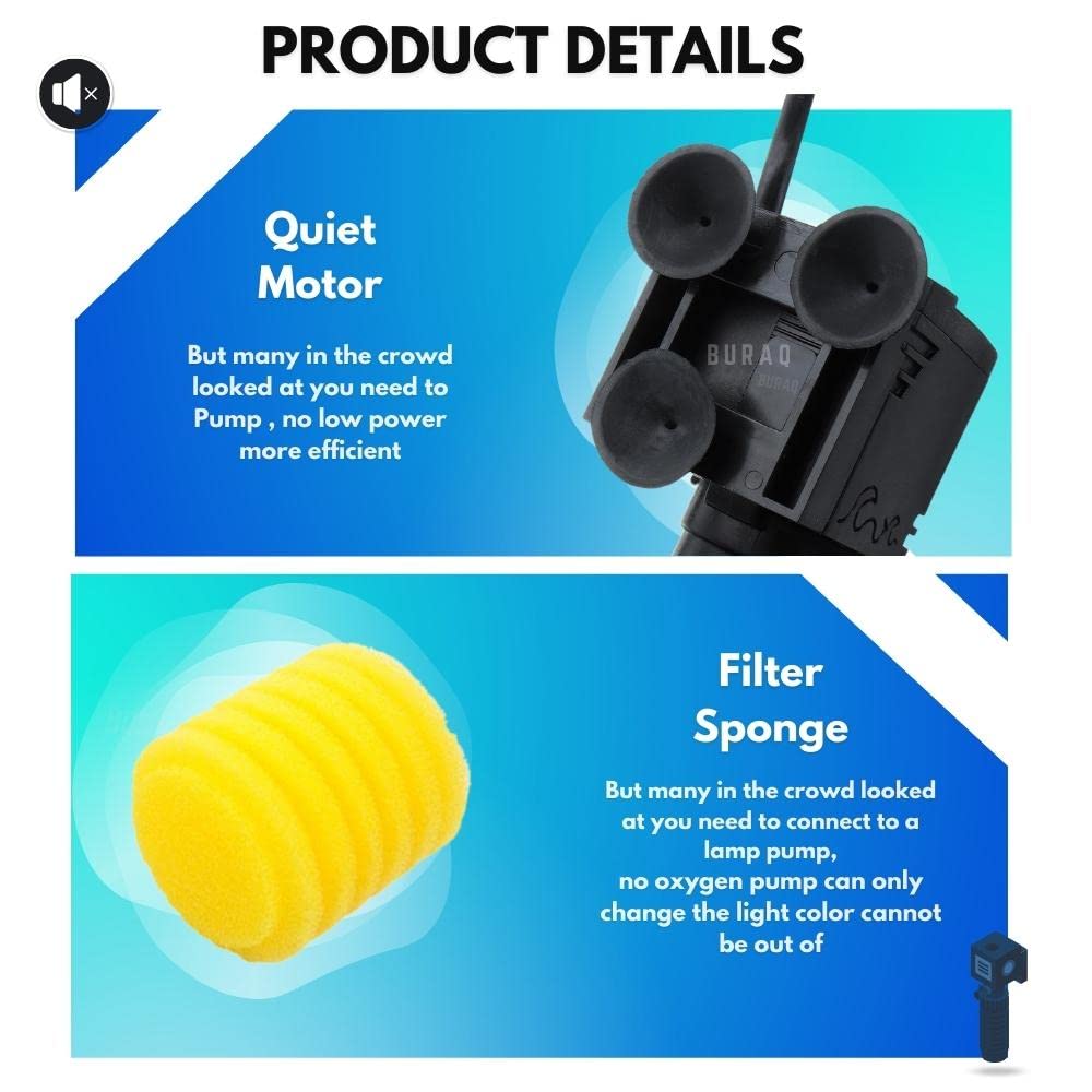 Buraq Pets Transparent Long Internal Liquid Aquarium Filter, For Filteration, Equipped With Fan Based Cleaning System, Submersible Oxygen Pump With Filter Sponge Aquarium Filters For Fish tank