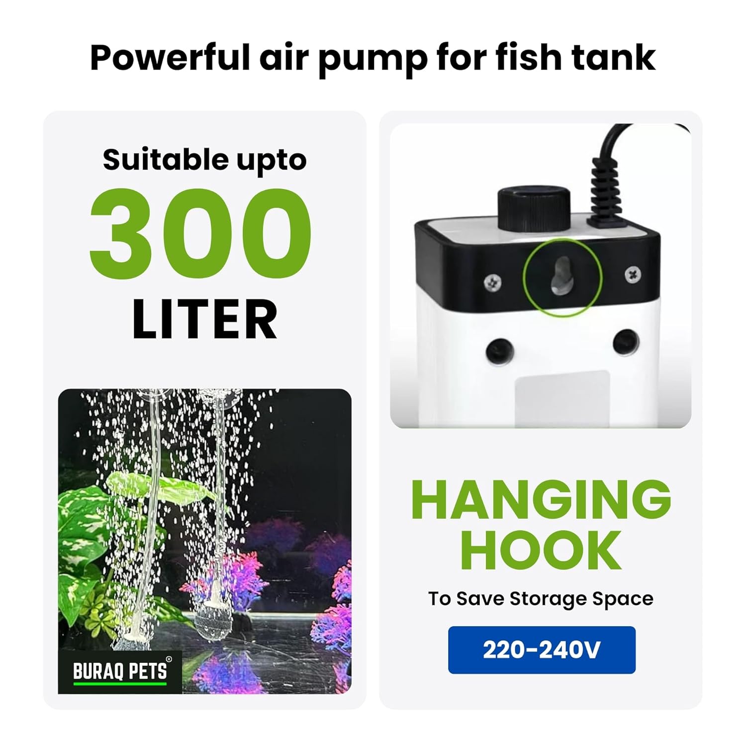 Buraq 2 Way Ultra-Silent Aquarium Oxygen Air Pump, Adjust Speed Volume, Noiseless, with 2 Air Outlets and 2 Meter Air Tube, Fish Tank Motor for Fish Tank (Upto 300 Litter) (CT-202 | 2 Way)