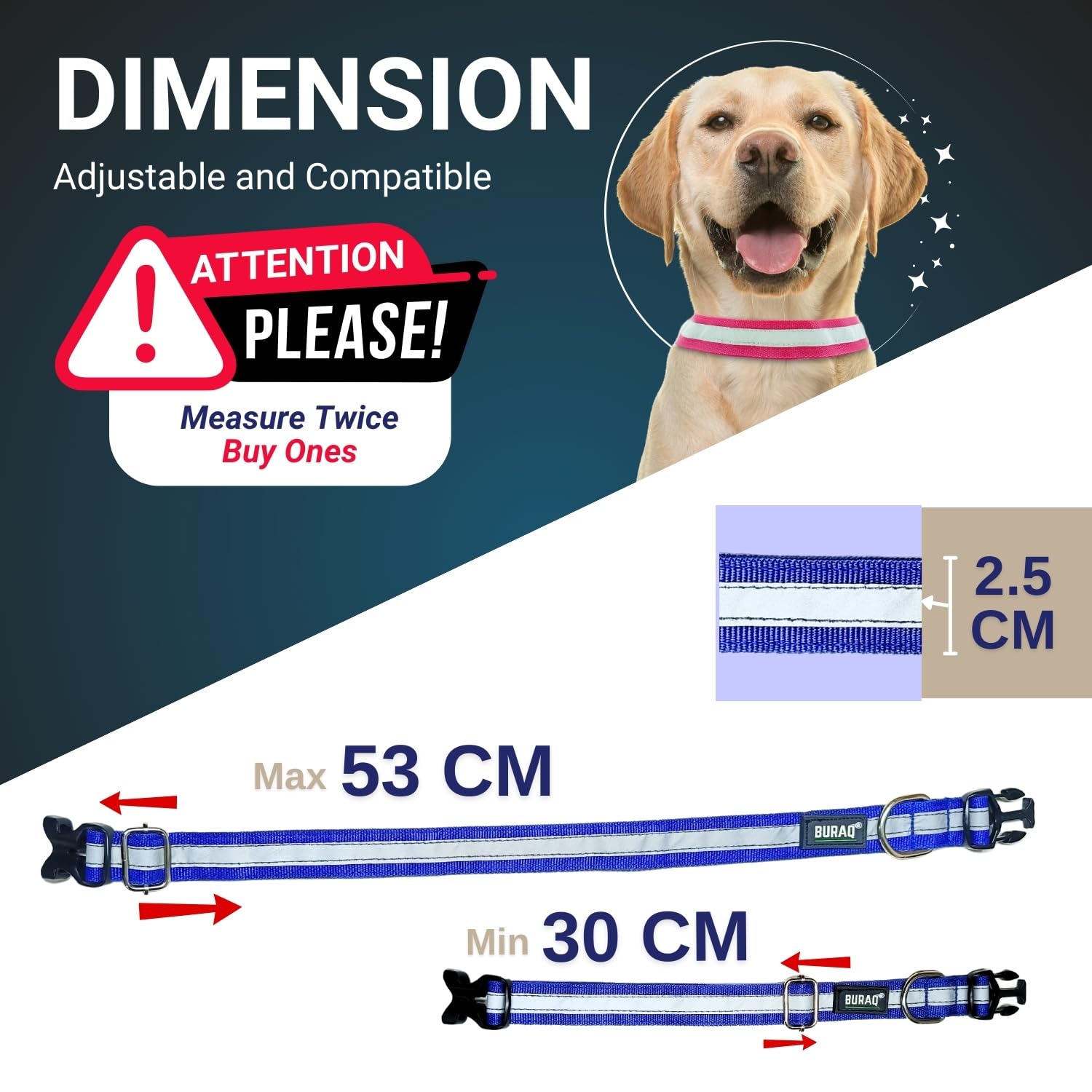 BURAQ Pets 5 Pcs Reflective Dog Collar, Feautures With Adjustable & Durable, Nylon Dog Belt, Heavy Metal D Ring & Strong Breakaway Buckle, For Dogs (Multicolor),53 cm,W_30 cm