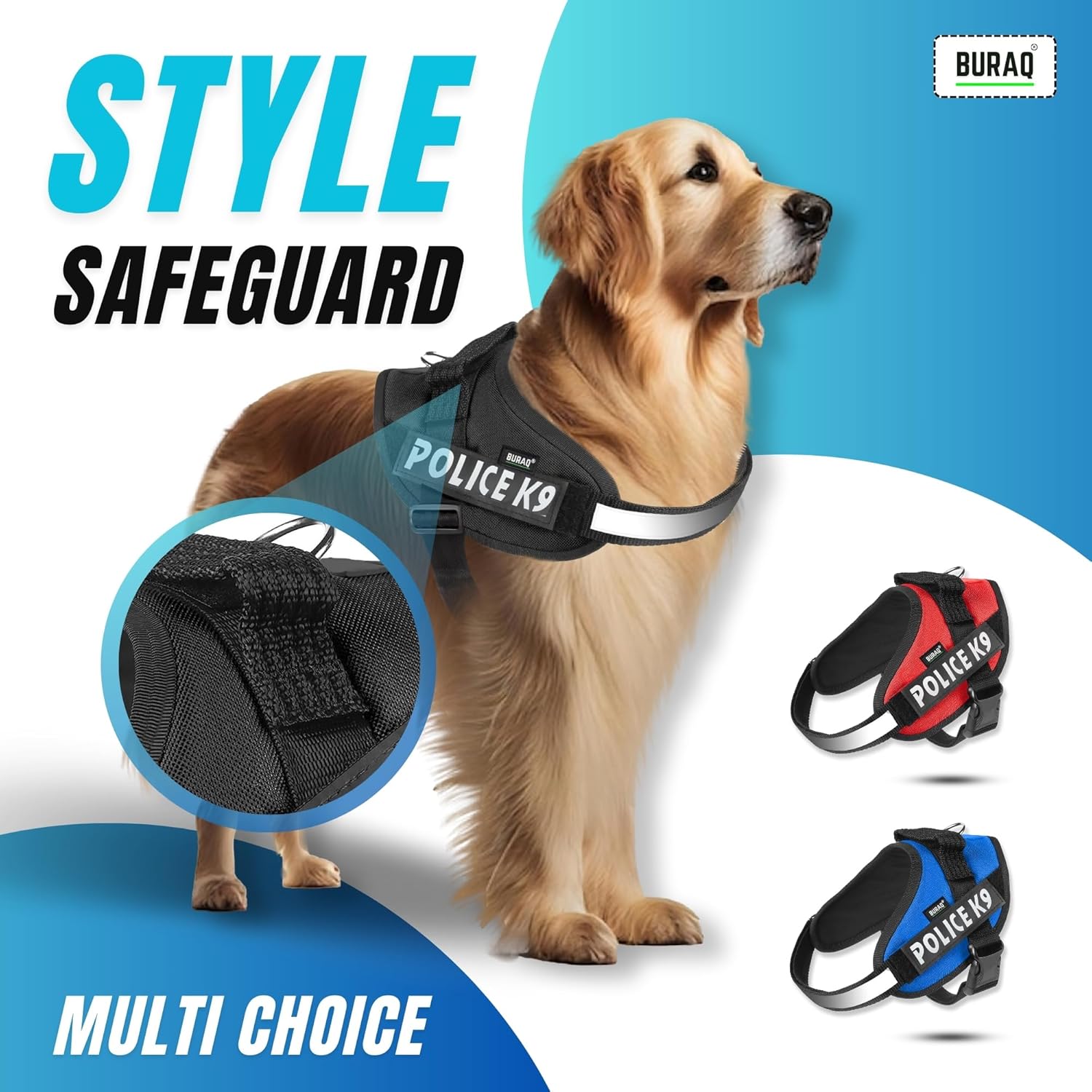 Buraq Pets Police K9 Dog Harness, No Pull Reflective Dog Vest Oxford Fabric, Soft Padded Easy Control Dog Chest Belt, No More Pulling Or Choking for Large Medium & Small Dogs (Black - XXL)