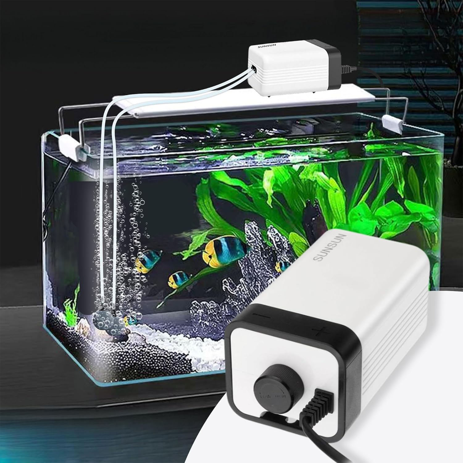 Buraq 2 Way Ultra-Silent Aquarium Oxygen Air Pump, Adjust Speed Volume, Noiseless, with 2 Air Outlets and 2 Meter Air Tube, Fish Tank Motor for Fish Tank (Upto 300 Litter) (CT-202 | 2 Way)