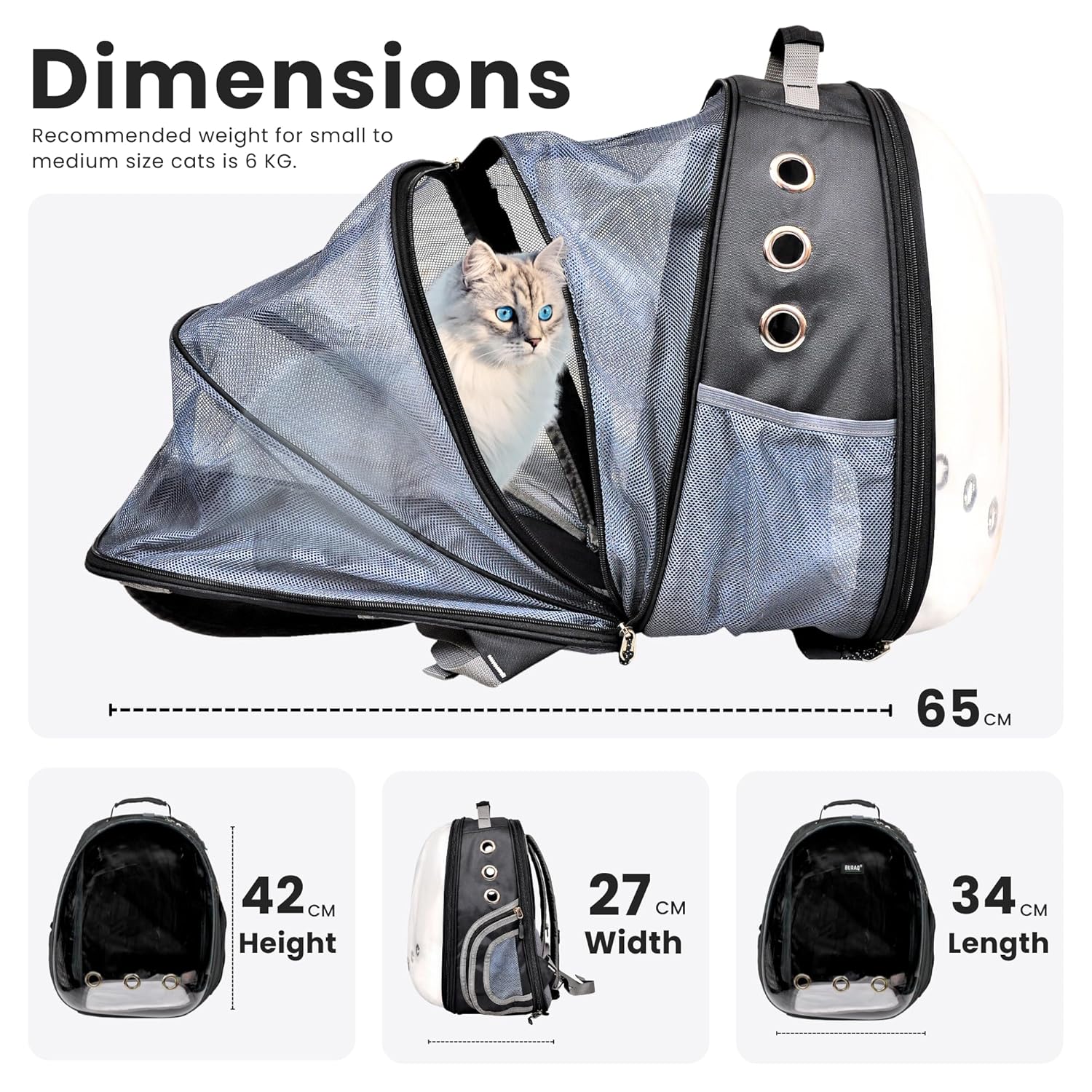 Buraq Expandable Astronaut Bubble Window Pet Carrier Backpack, Breathable Space, Stylish Secure & Ventilated Travel Bag for Cats (Black)