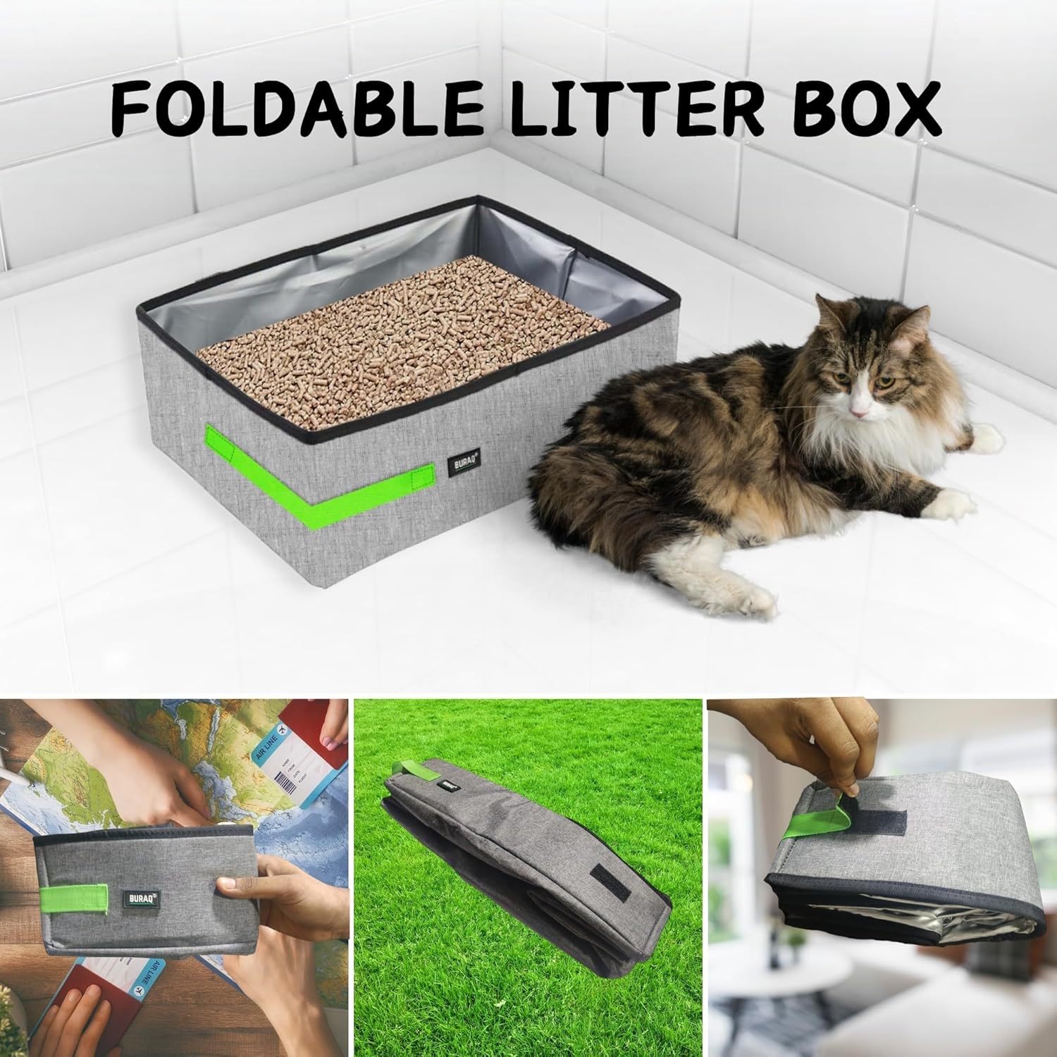 Buraq Foldable Cat Litter Box for Indoor & Outdoor, Waterpoof & Washable, Cat Litter Tray, Portable Reuseable Cat Litter Boxes for All Adult Cats & Kittens 48 x 38 x 12 Cm